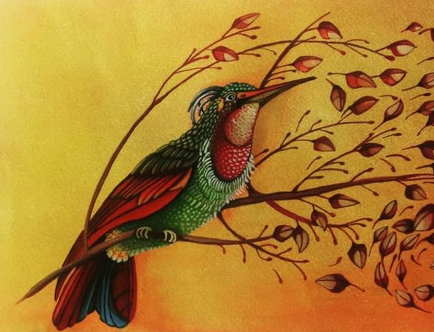 Dipinto con uccello rosso su tela